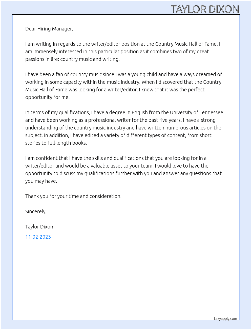 writer/editor At Country Music Hall of Fame Cover Letter