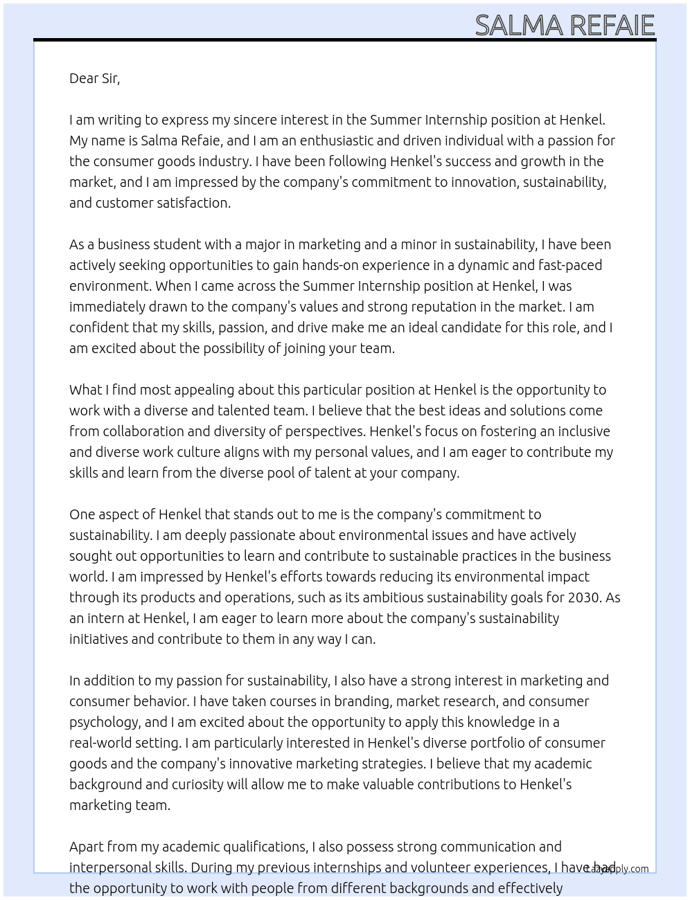 Summer Internship At Henkel Cover Letter