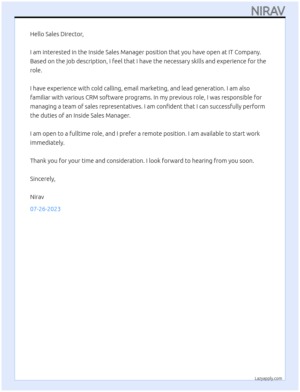 Inside Sales Manager At IT Company Cover Letter