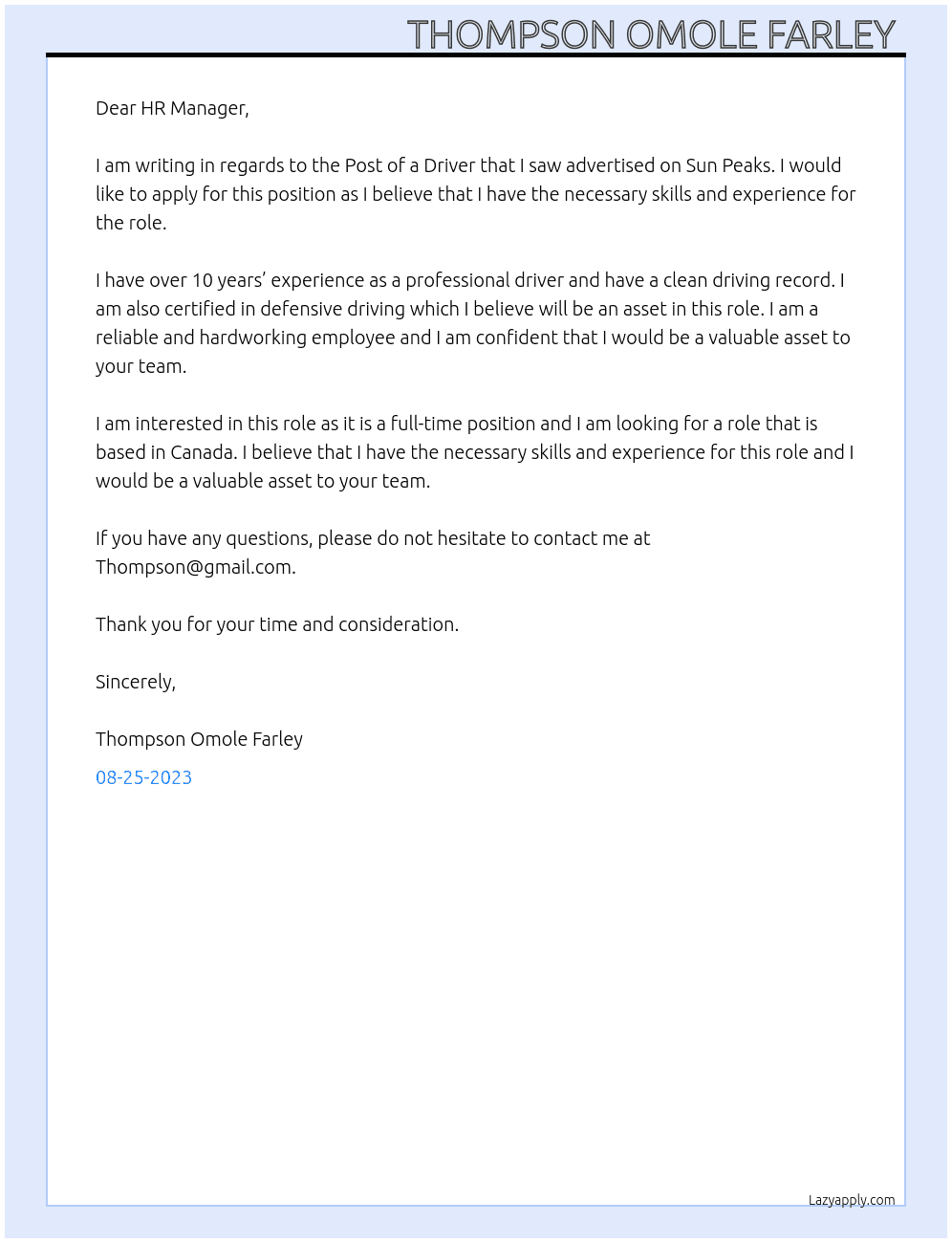 Post of a Driver  At Sun Peaks Cover Letter