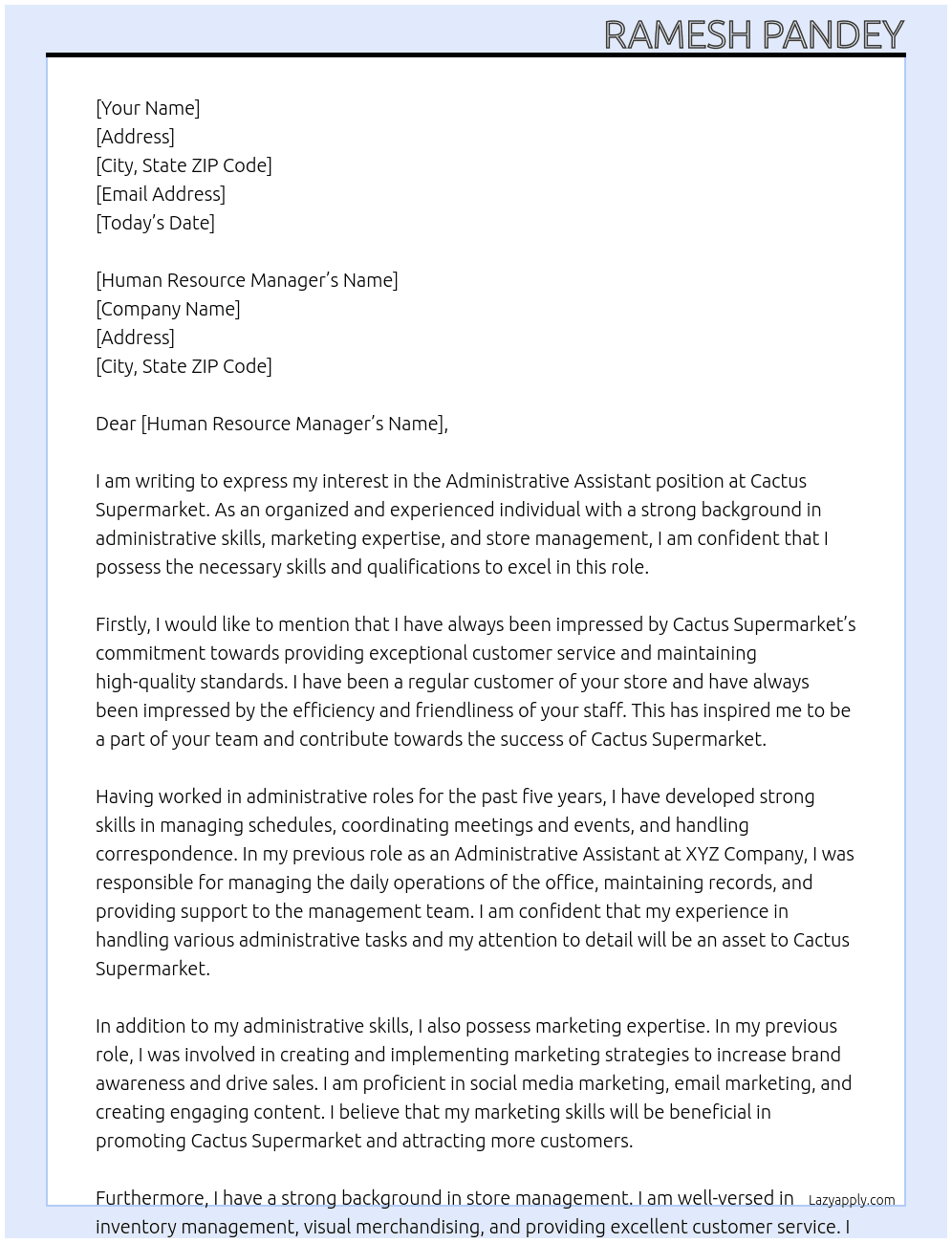 Administrative Assistan At Cactus Supermarket Cover Letter
