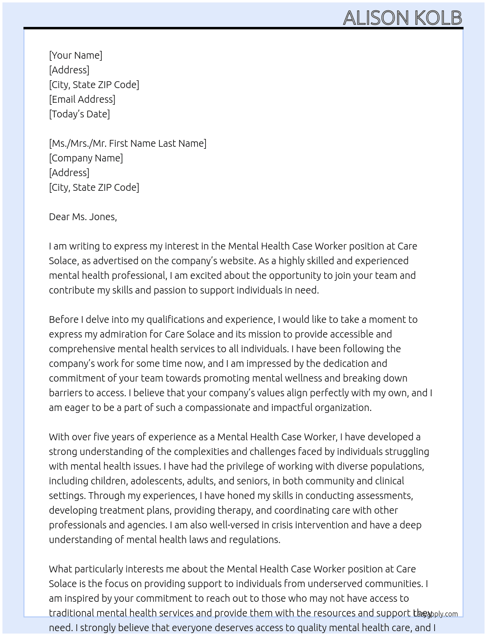 Mental Health case worker At Care Solace Cover Letter