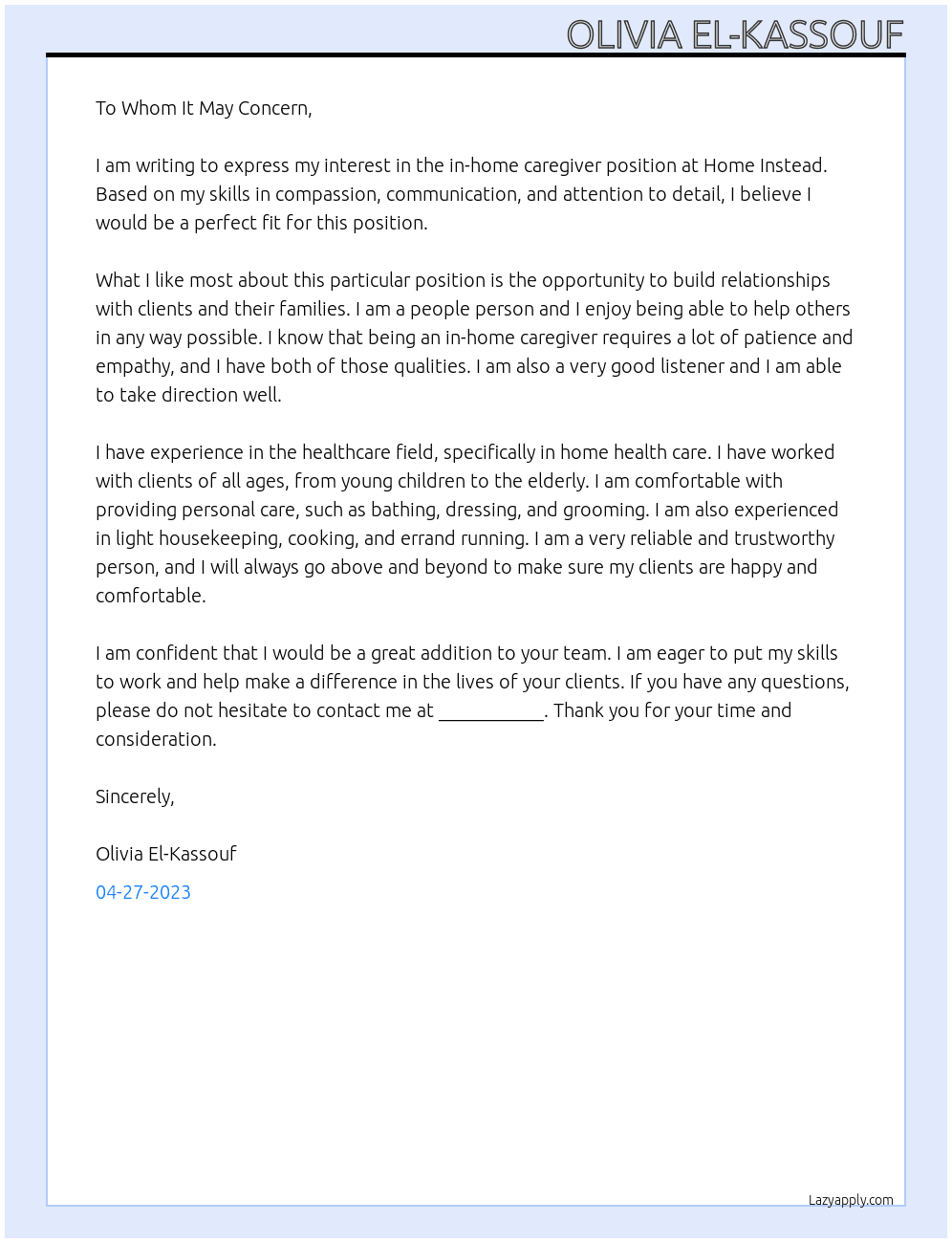 in home caregiver At Home Instead Cover Letter