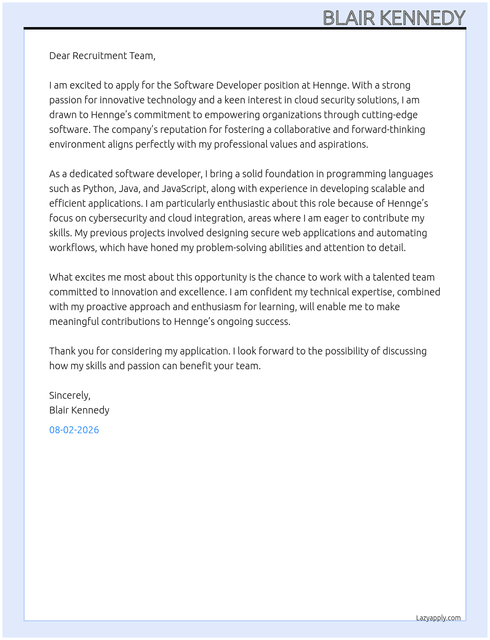 Cover letter for software developer - LazyApply