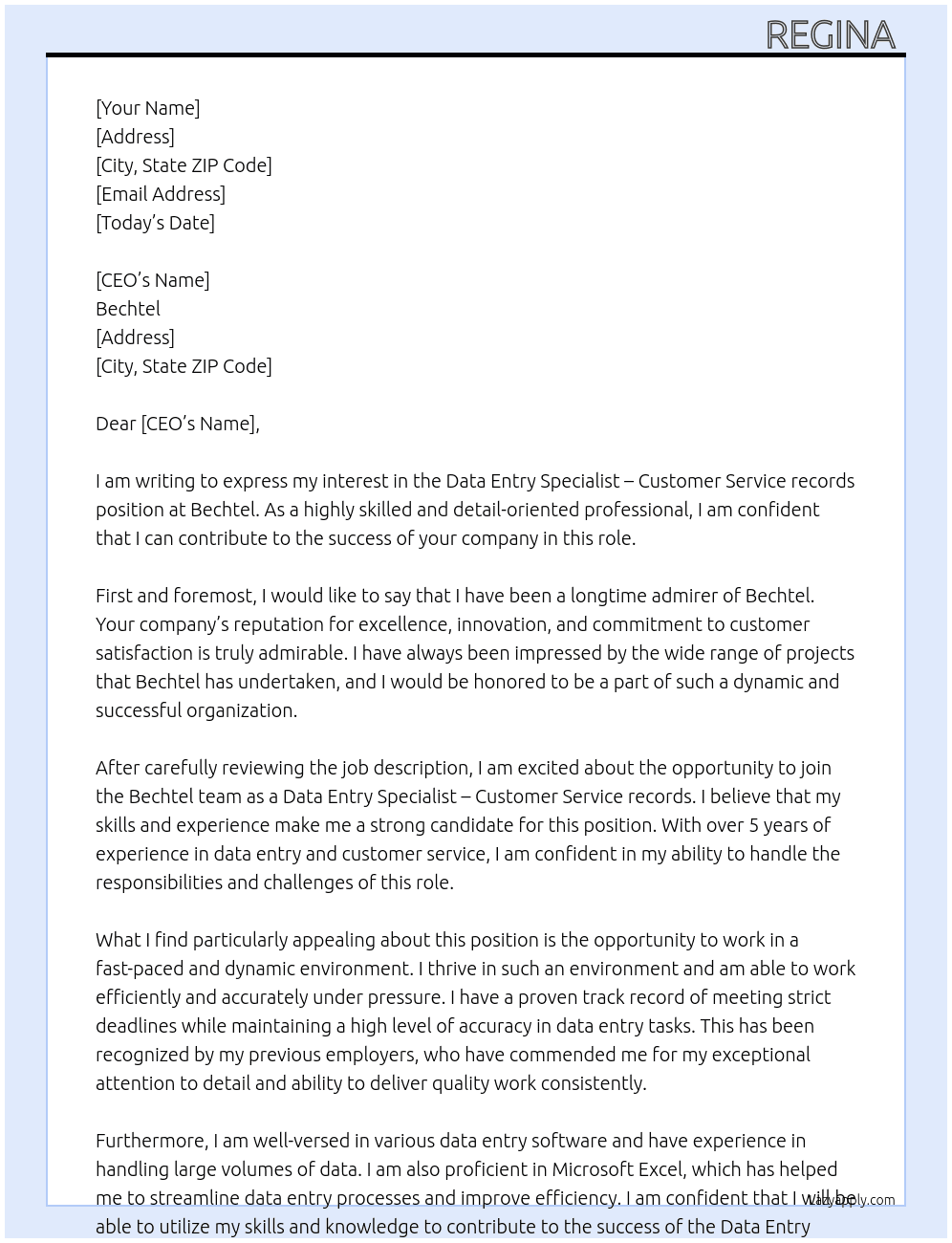 Data Entry Specialist – Customer Service records  At Bechtel Cover Letter