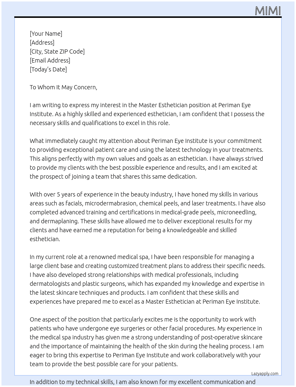 Master Esthetician At Periman Eye Institute Cover Letter