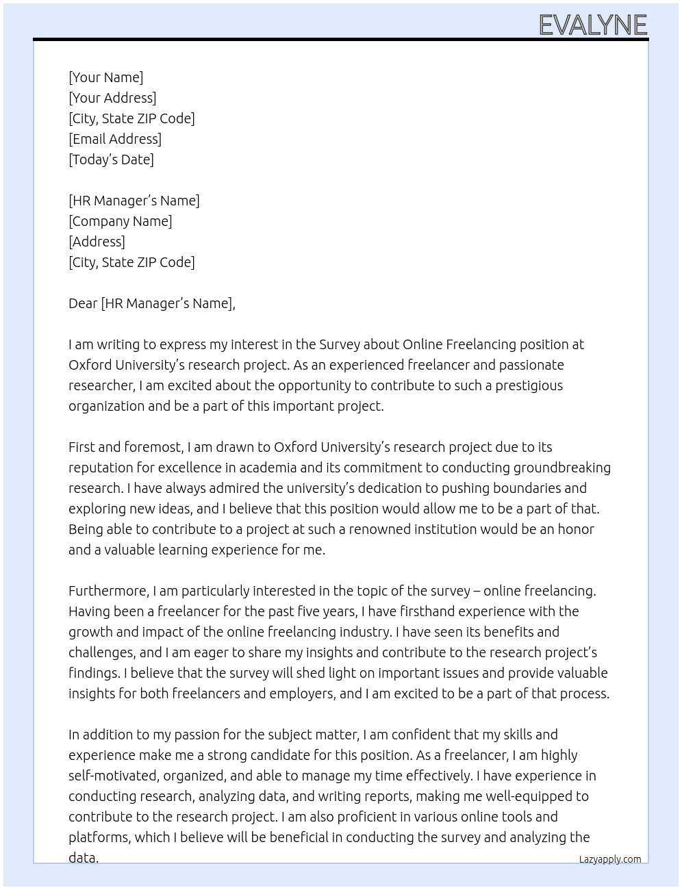 Survey about online freelancing At Oxford University research project  Cover Letter