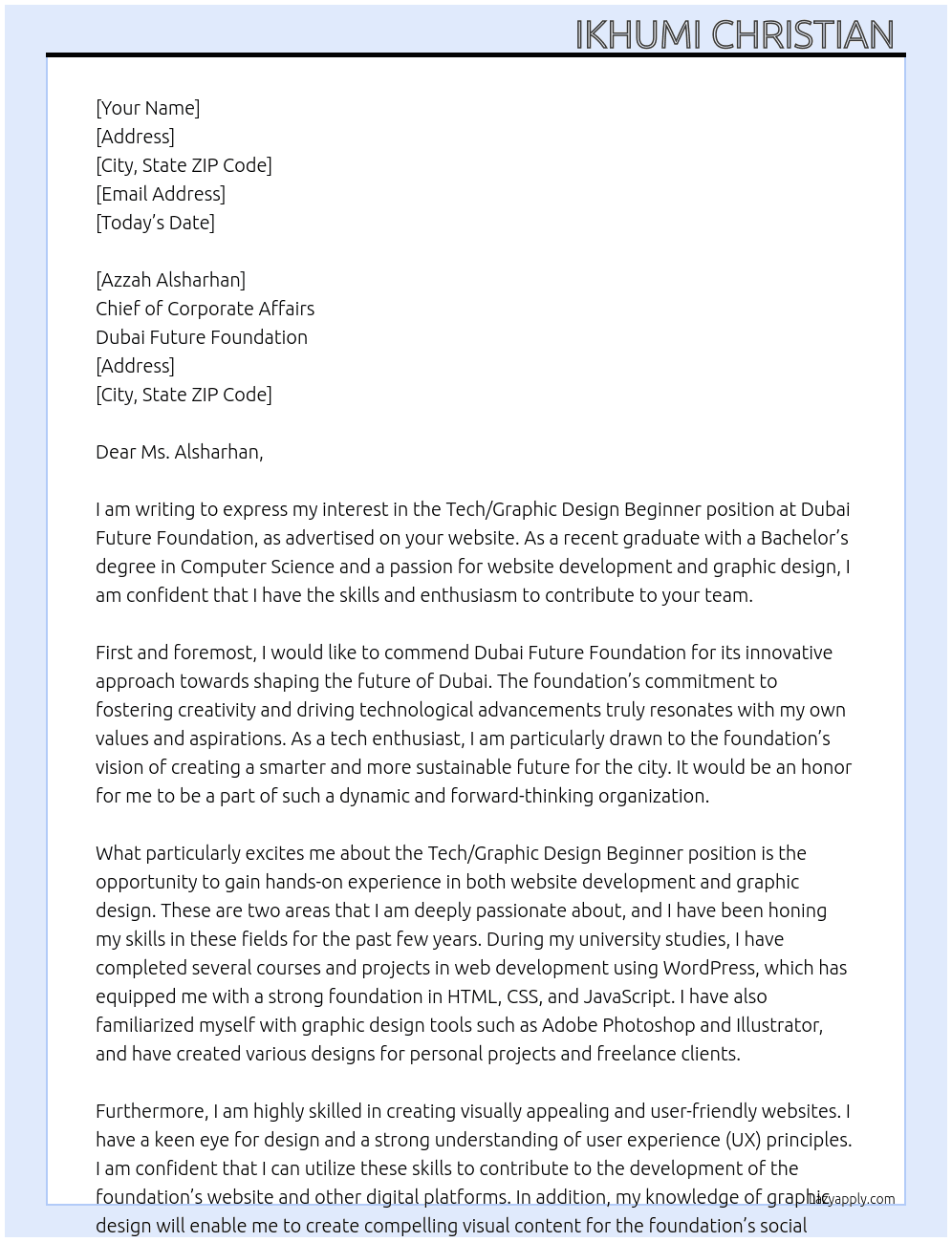 Tech/Graphic Design Beginner At Dubai Future Foundation Cover Letter
