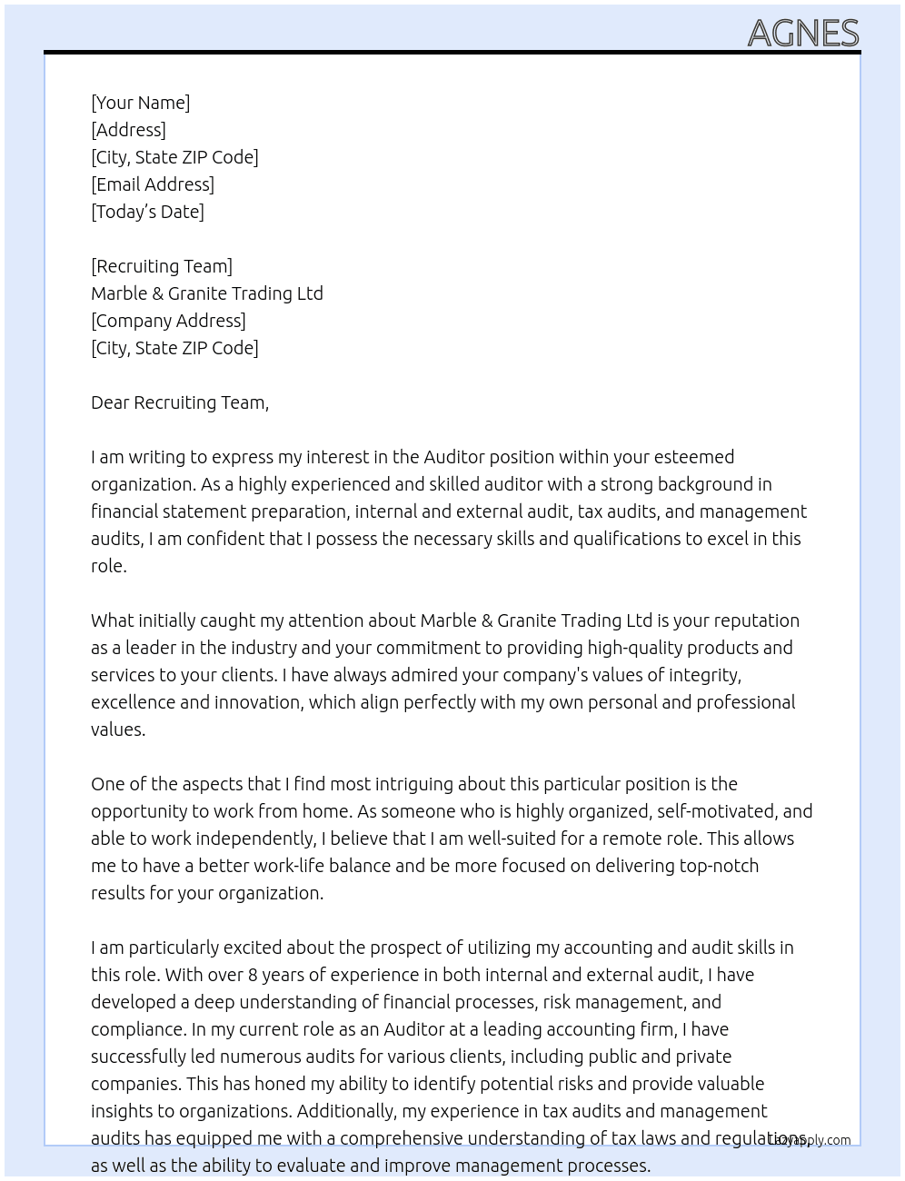 AUDITOR At MARBLE & GRANITE TRADING LTD Cover Letter
