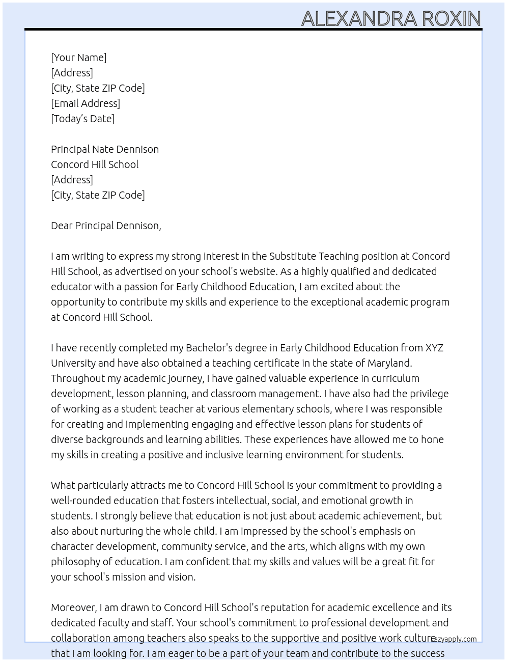 Substitute Teaching At Concord Hill School Cover Letter