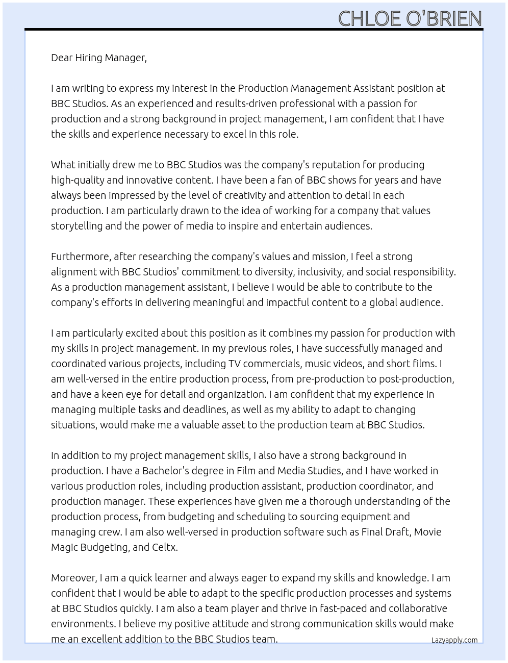 Production Management Assistant At BBC Studios Cover Letter