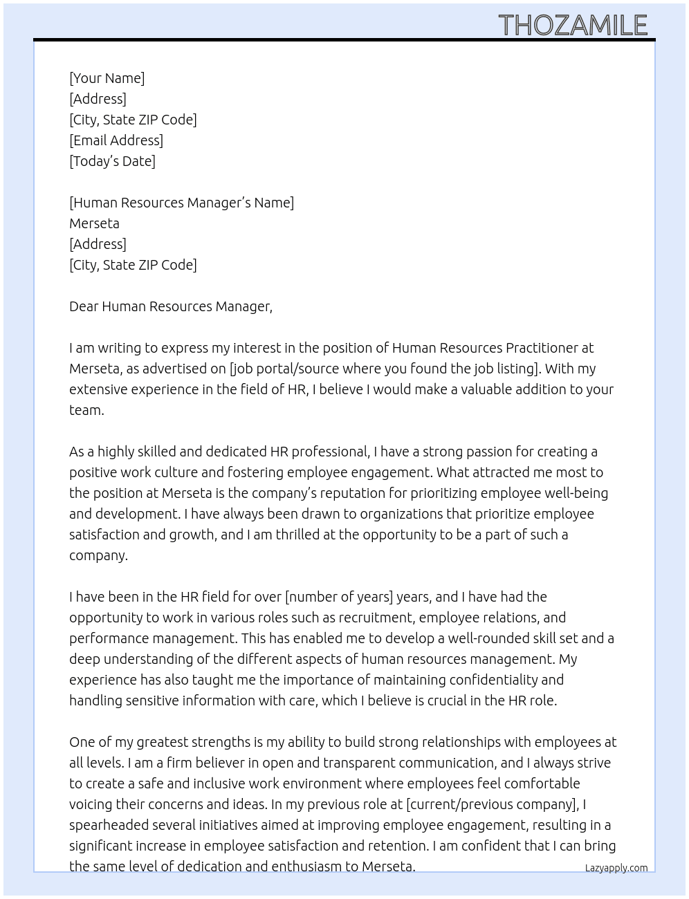 Human resources practitioner  At Merseta Cover Letter