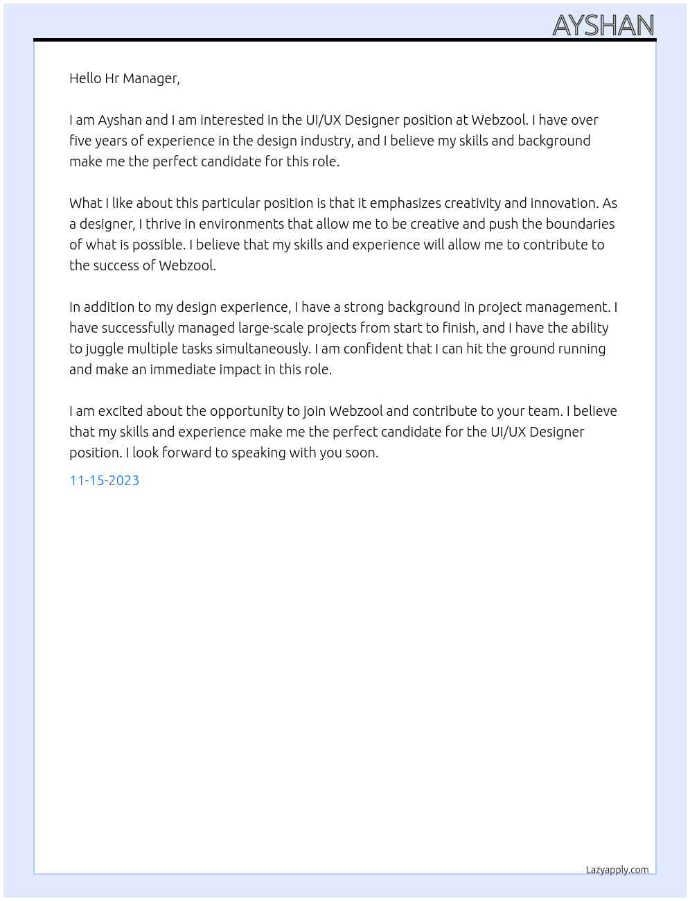 UI/UX Designer At Webzool Cover Letter