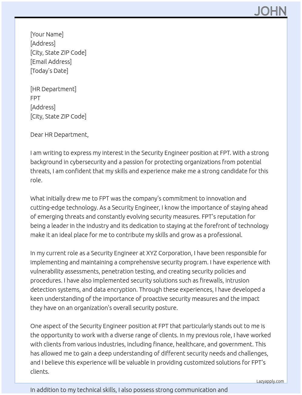 Security Engineer At FPT Cover Letter