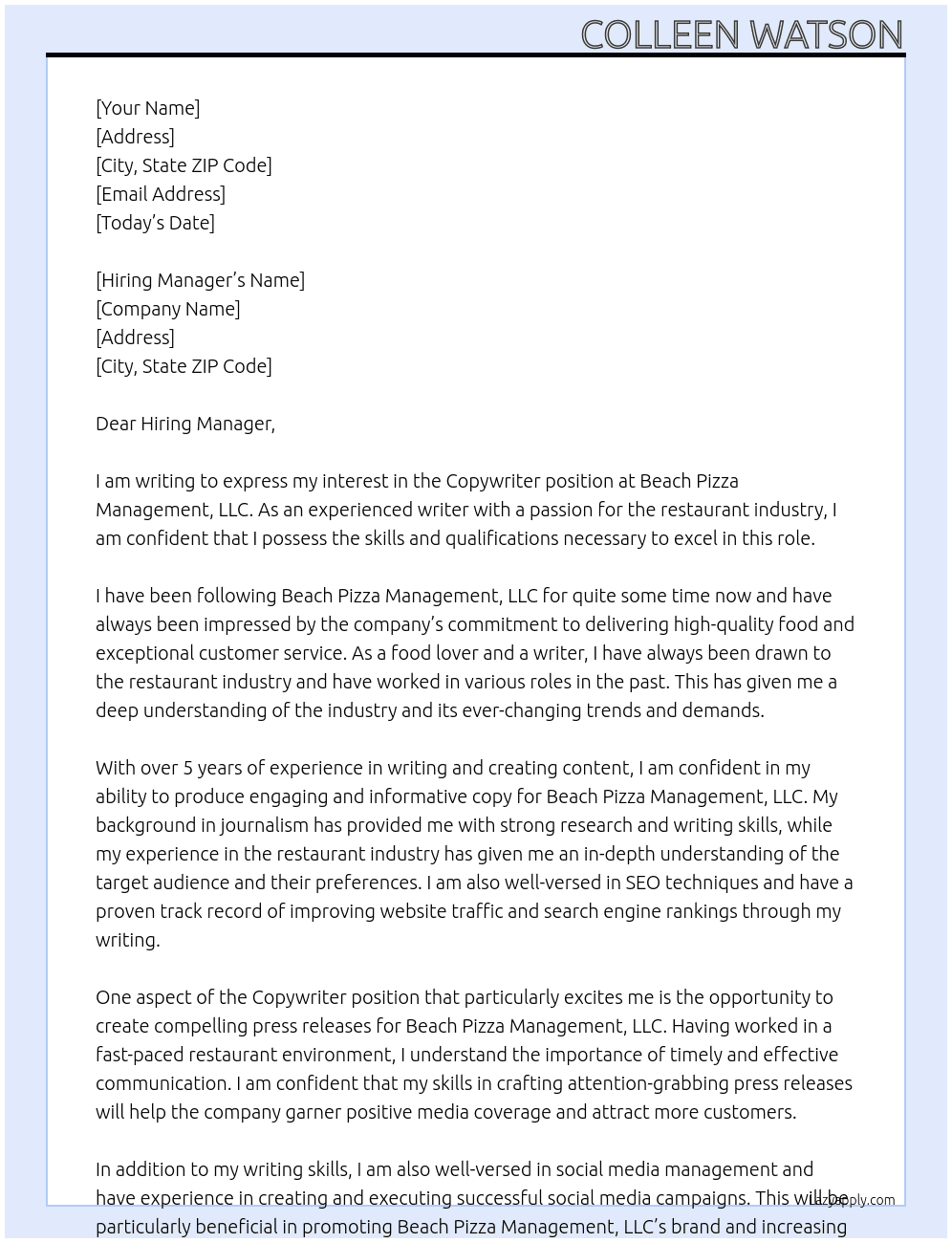 Copywriter At Beach Pizza Management, LLC Cover Letter