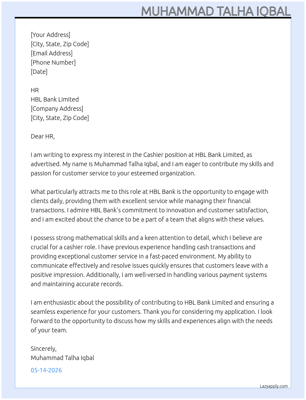 cashier At HBL BANK LIMITED Cover Letter