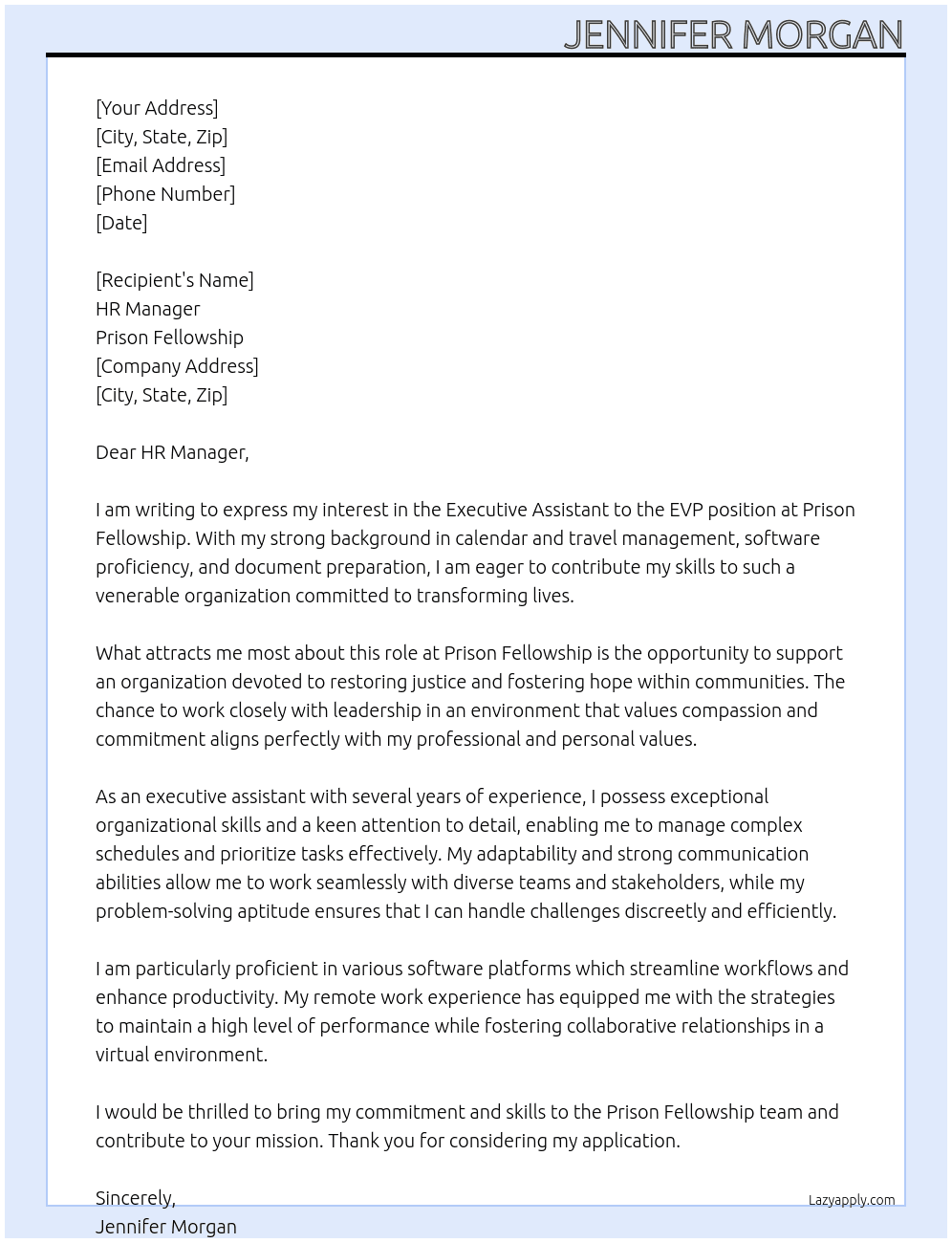 Executive assistant to EVP At Prison Fellowship  Cover Letter