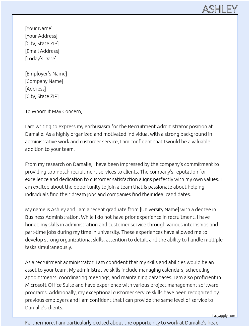 Recruitment administrator At Damalie  Cover Letter