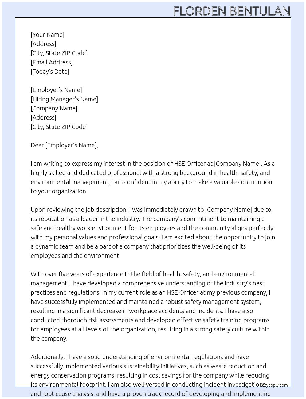HSE Officer At xxxx Cover Letter
