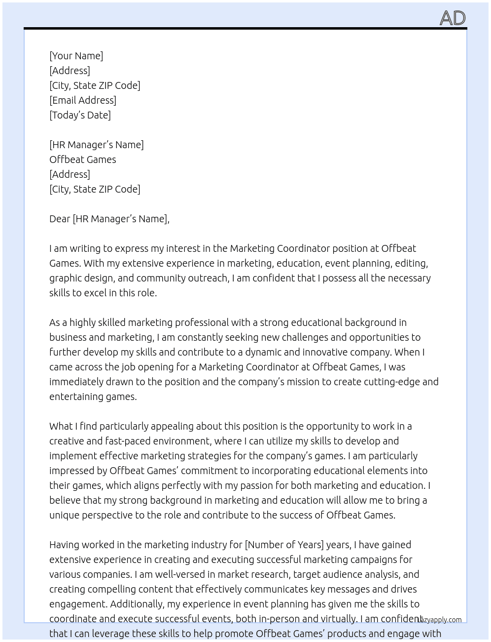 marketing coordinator At offbeat games Cover Letter