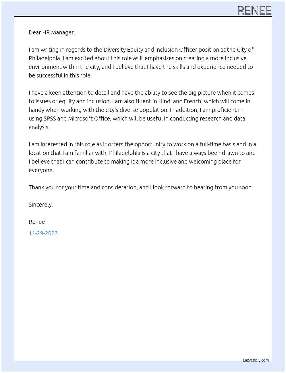 diversity equity and inclusion officer At city of philadelphia Cover Letter