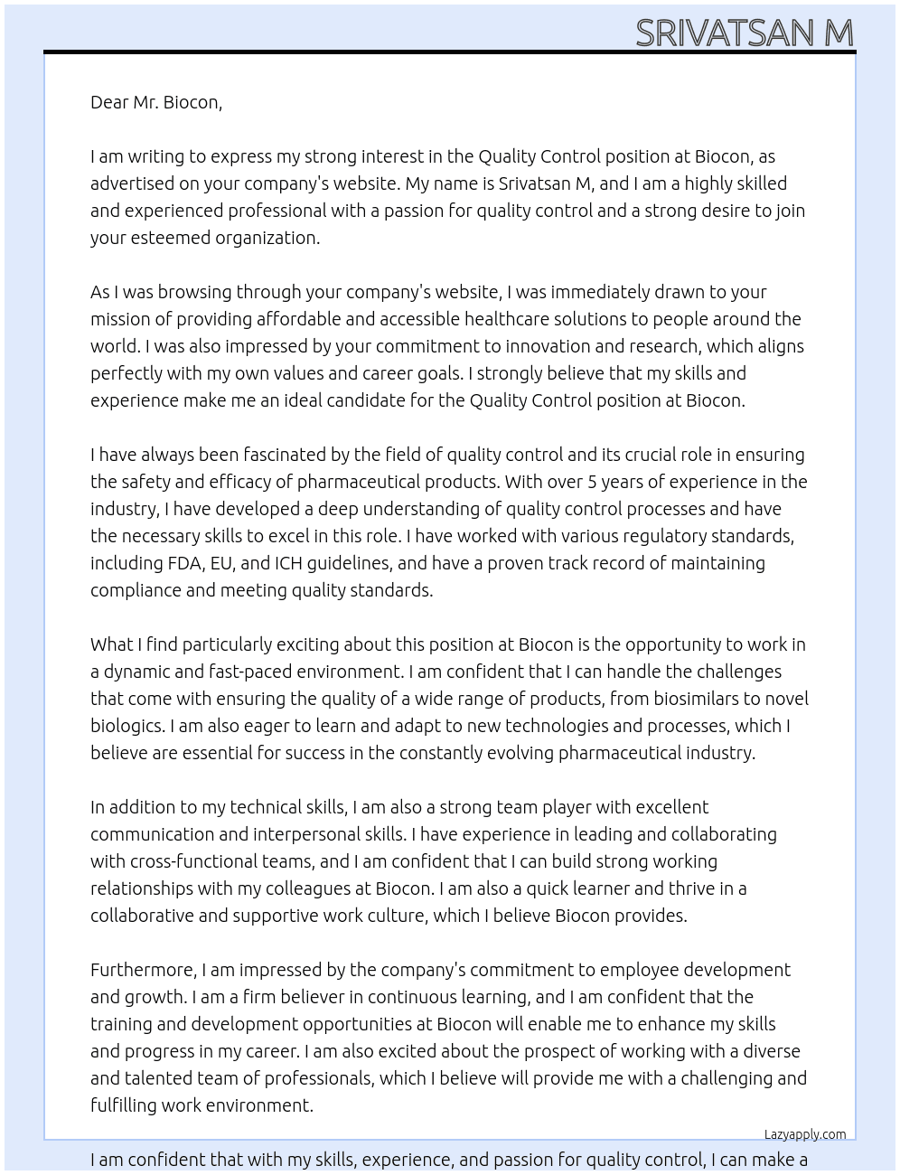 QUALITY CONTROL At BIOCON Cover Letter