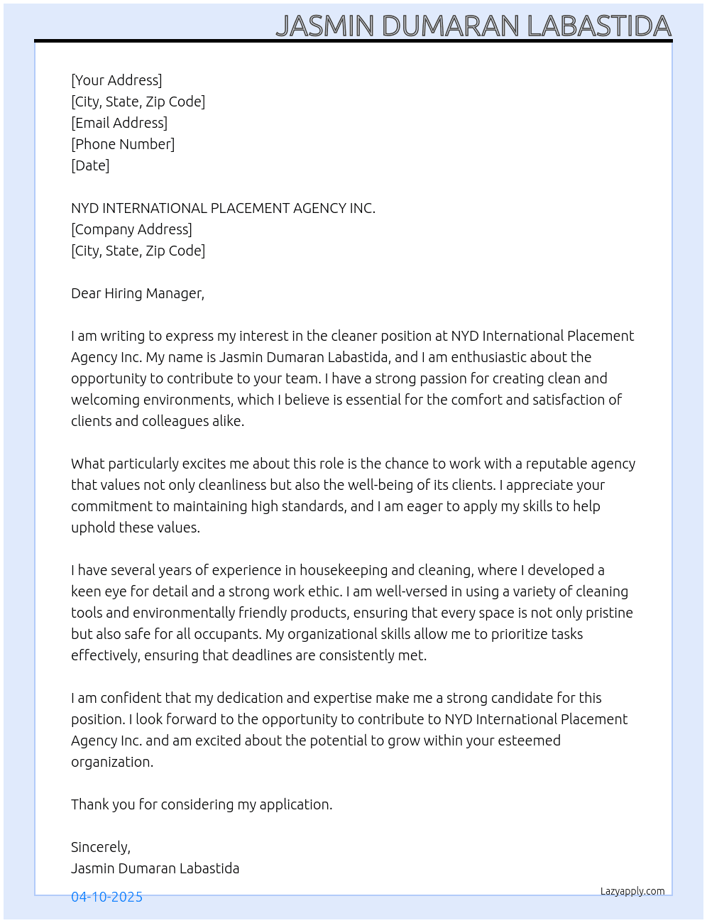 cleaner At cleaner Cover Letter