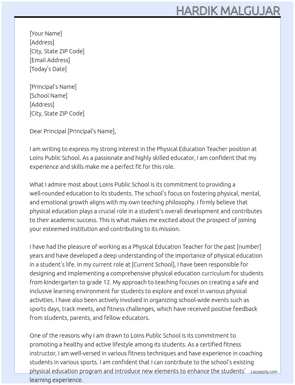 physical Education teacher  At Loins public school  Cover Letter