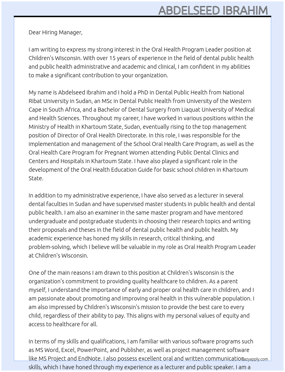 Oral Health Program Leader.  At Children's Wisconsin  Cover Letter