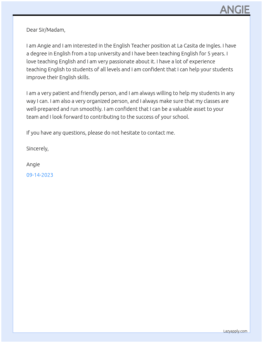 English Teacher At La Casita de Ingles Cover Letter
