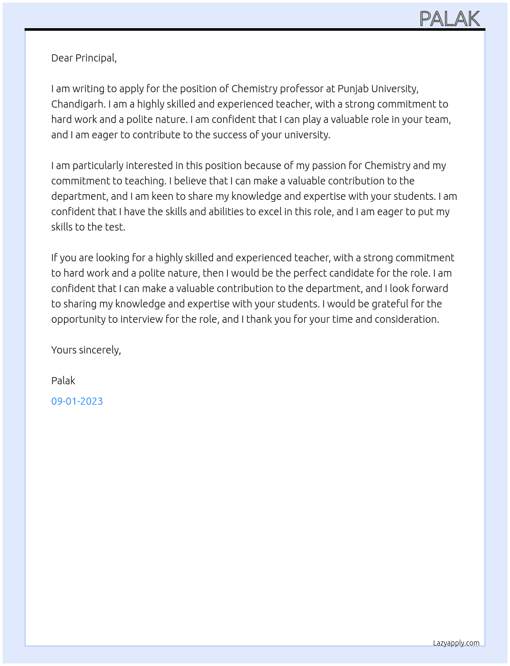 Chemistry professor  At Punjab university ,chandigarh  Cover Letter