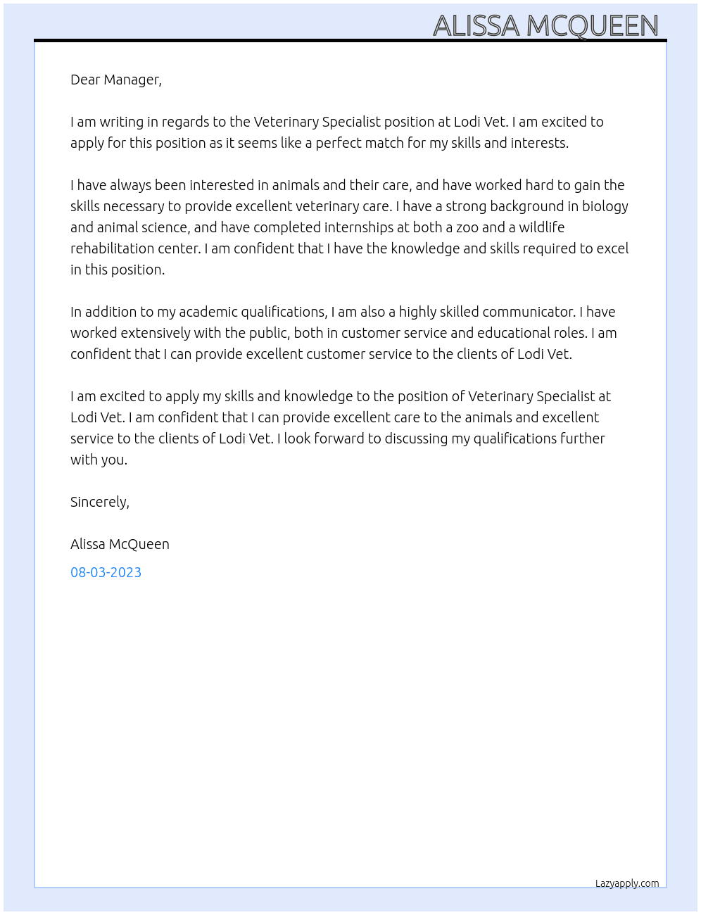 Veterinary Specialist At Lodi Vet Cover Letter
