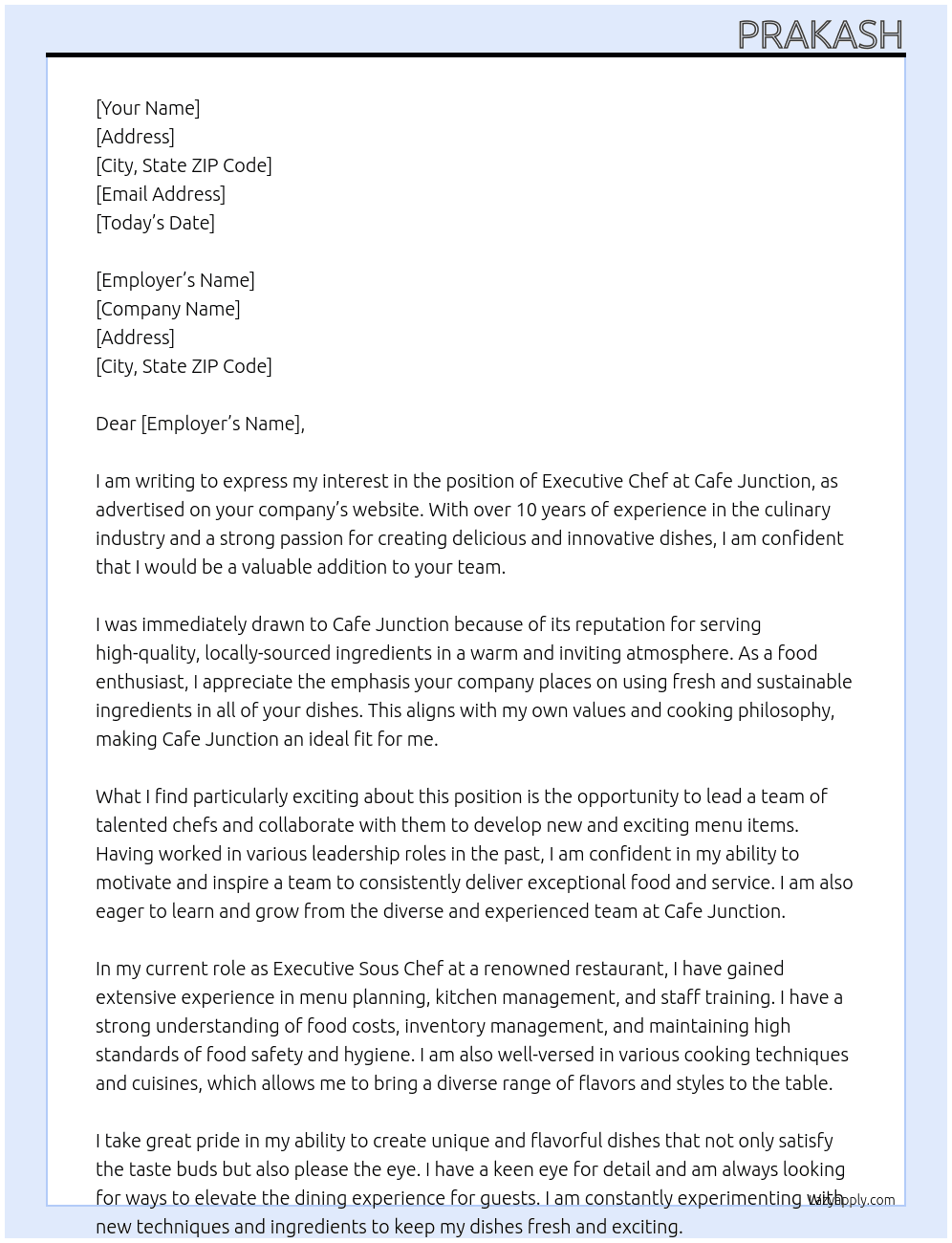 EXECUTIVE CHEF At Cafe Junction Cover Letter