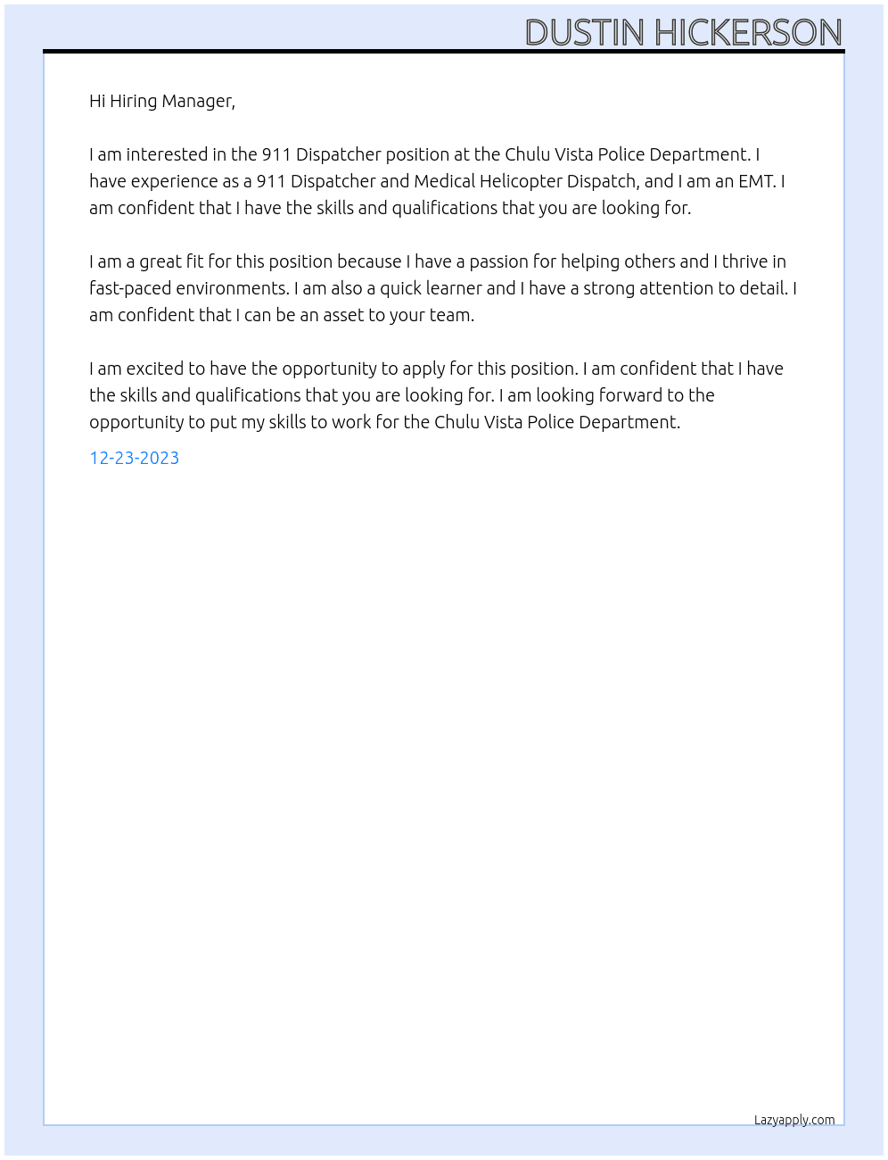911 Dispatcher At Chulu Vista Police Department Cover Letter