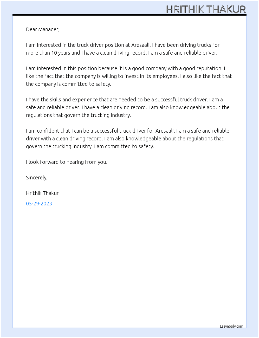 truck driver At aresenaali Cover Letter