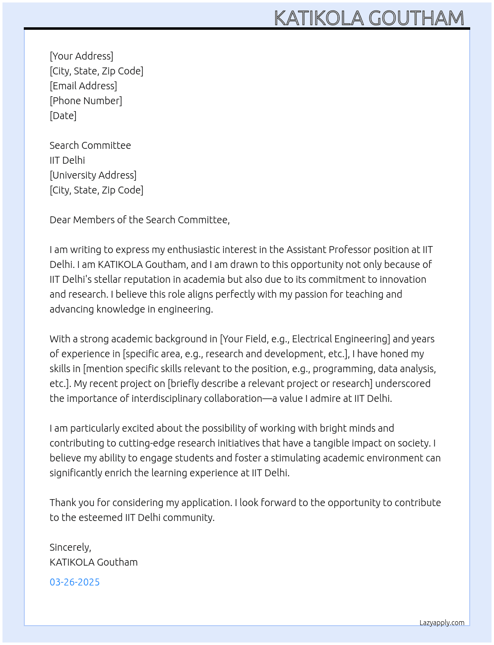 Assistant professor  At IIT Delhi Assistant professor  Cover Letter