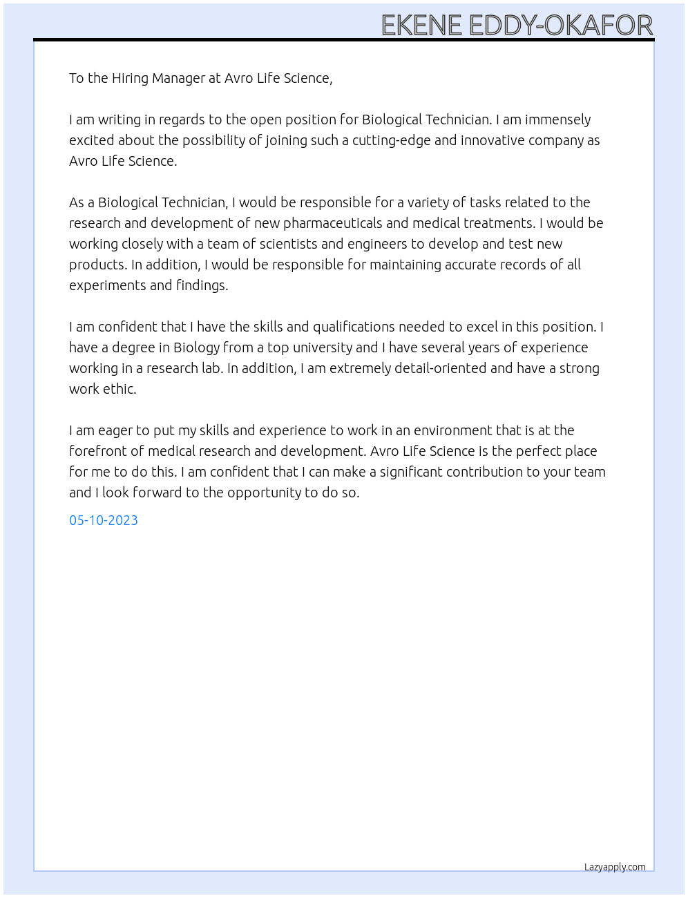 Biological Technician At Avro Life Science Cover Letter