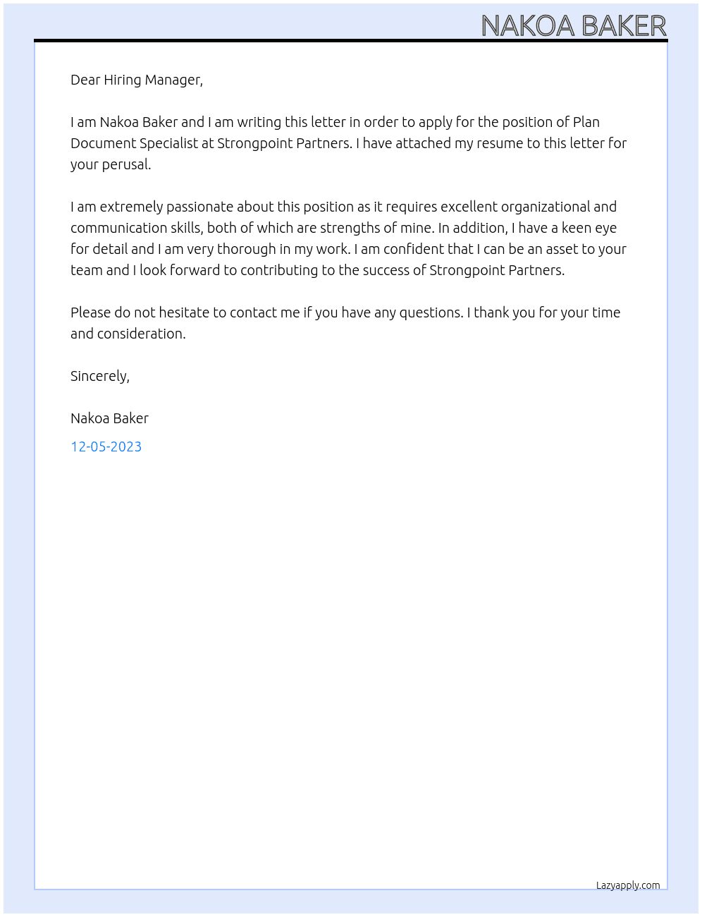 Plan Document Specialist At Strongpoint Partners Cover Letter