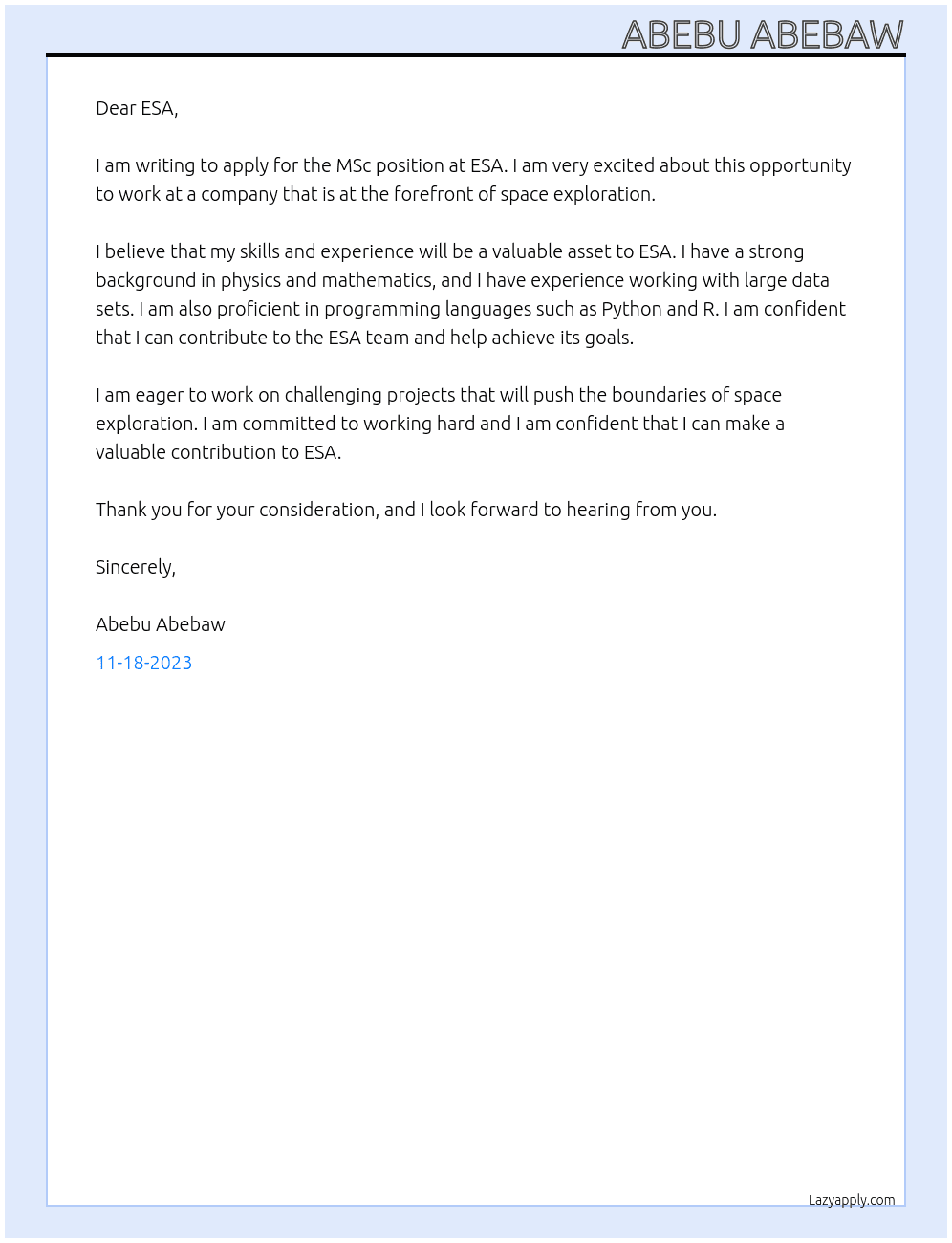 MSc At ESA Cover Letter