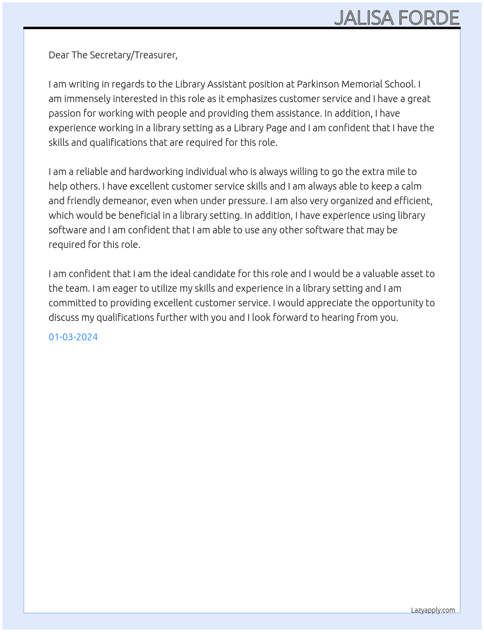 Library Assistant  At Parkinson Memorial School Cover Letter