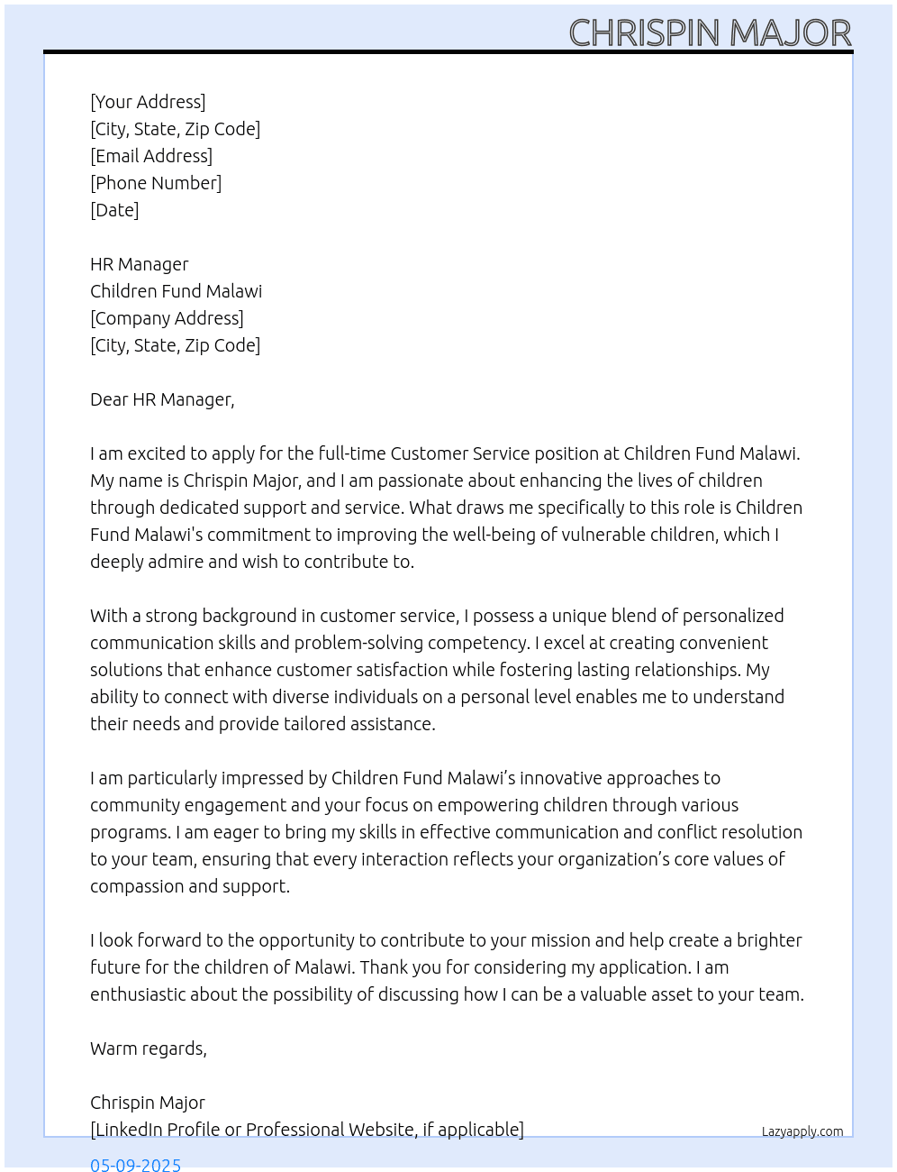 Customer service At Children fund Malawi Cover Letter