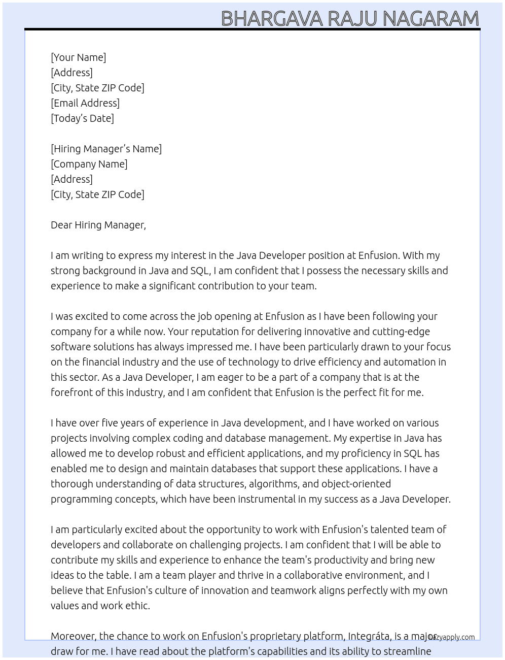 java developer At enfusion Cover Letter