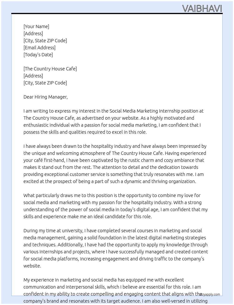 social media marketing internship At The Country House Cafe Cover Letter