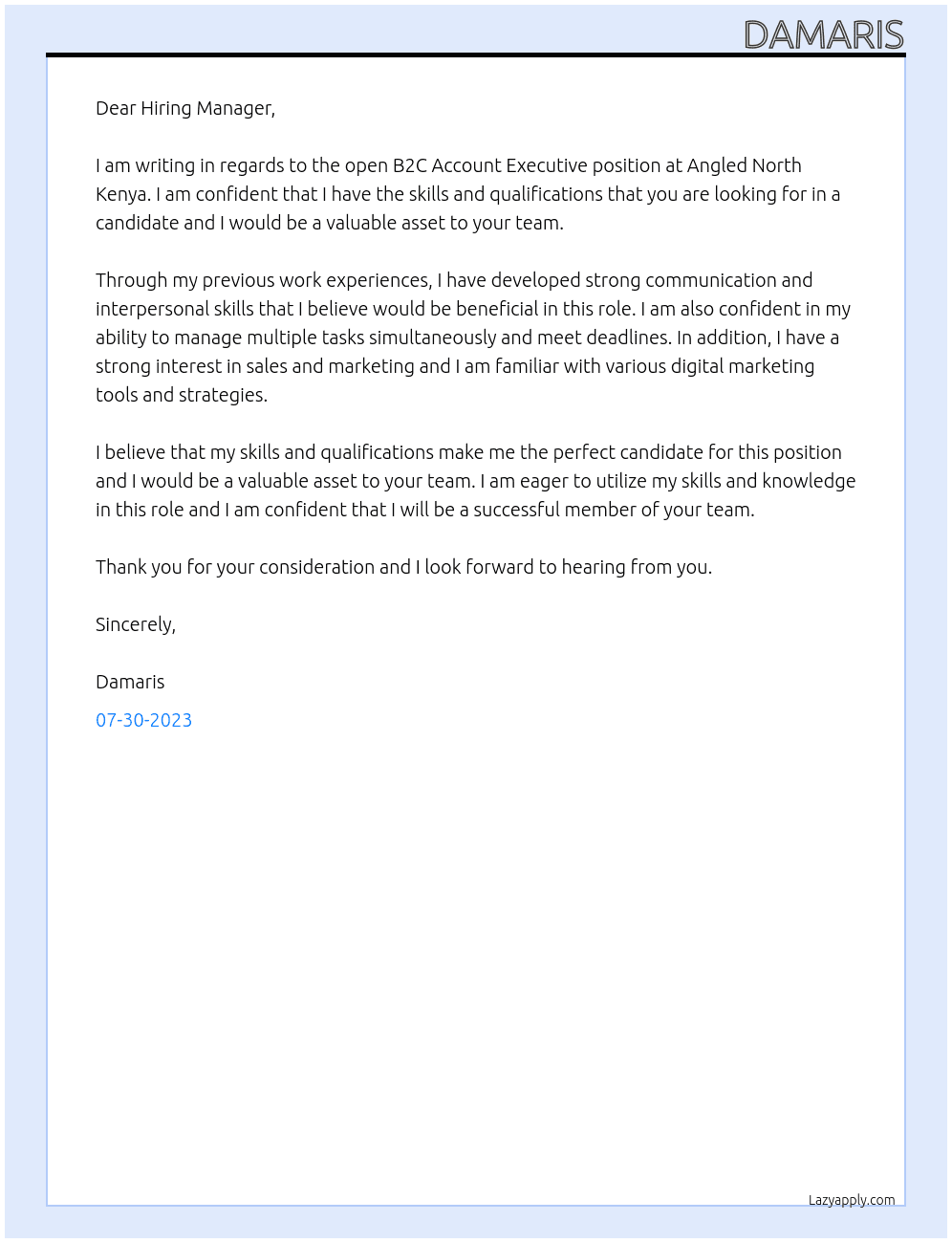B2C Account Executive  At Angled North Kenya Cover Letter