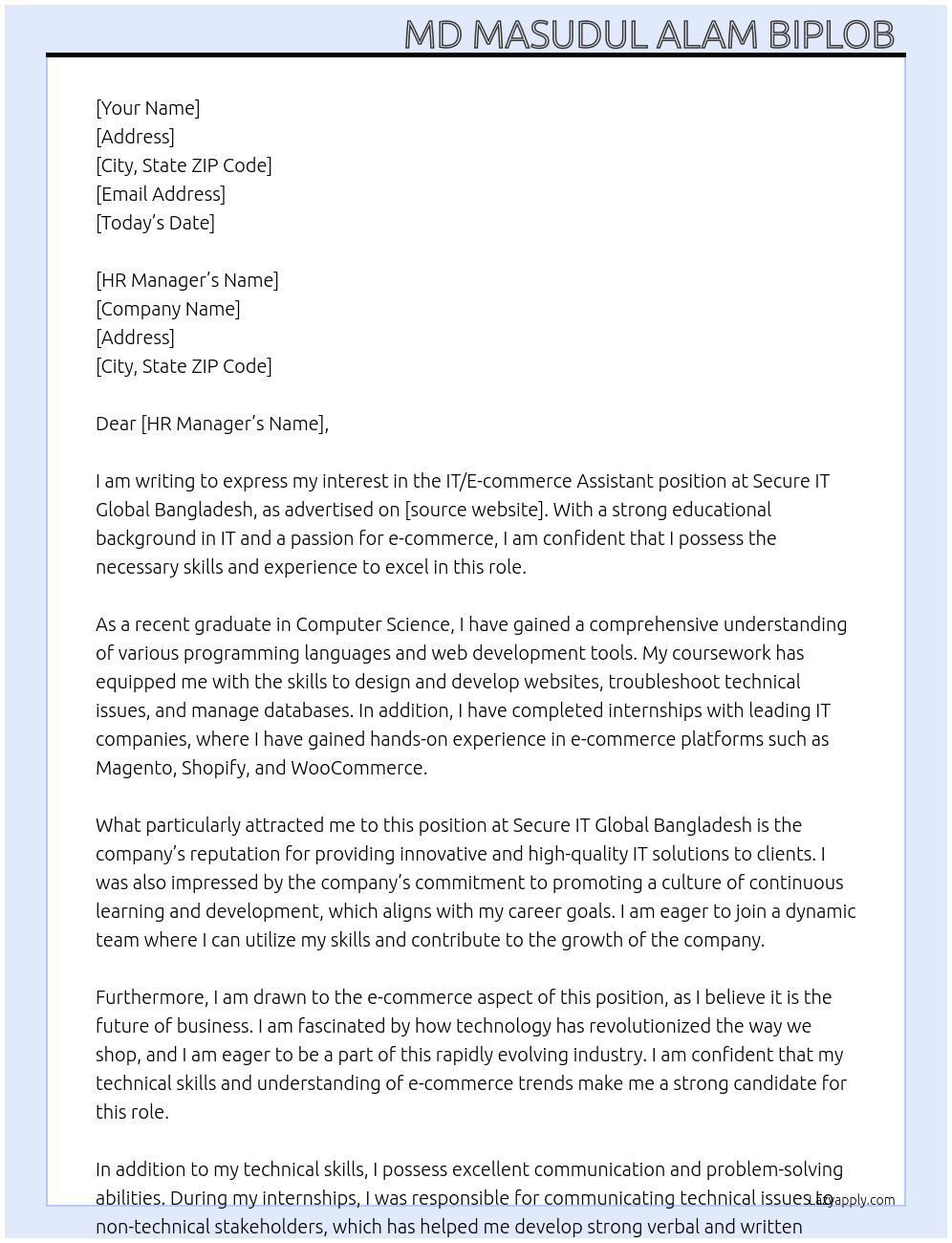 IT/E-commerce Assistant  At Secure IT Global Bangladesh  Cover Letter
