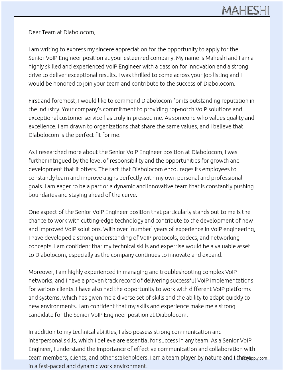 Senior voip engineer At Diabolocom Cover Letter