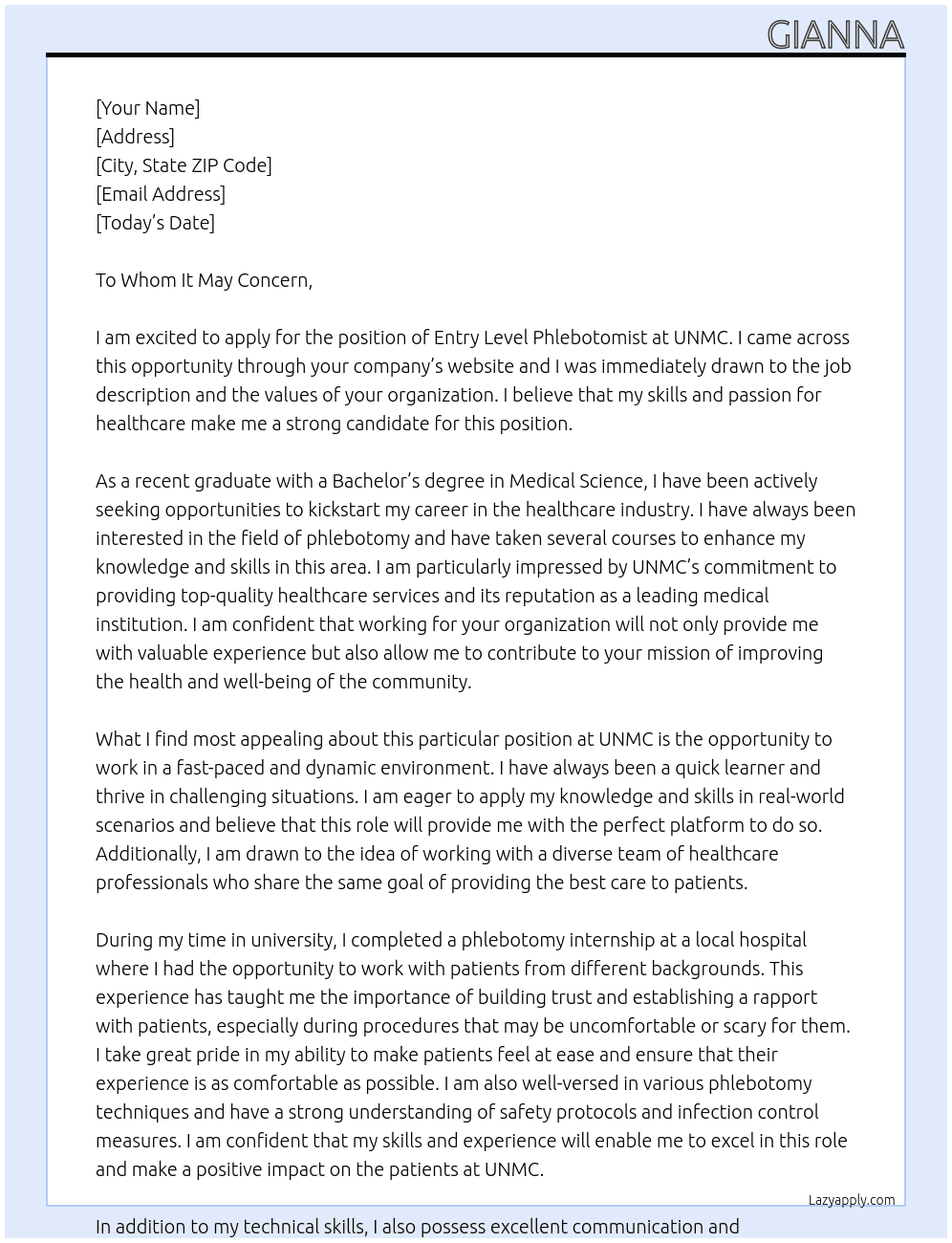 entry level phlebotomist  At UNMC Cover Letter