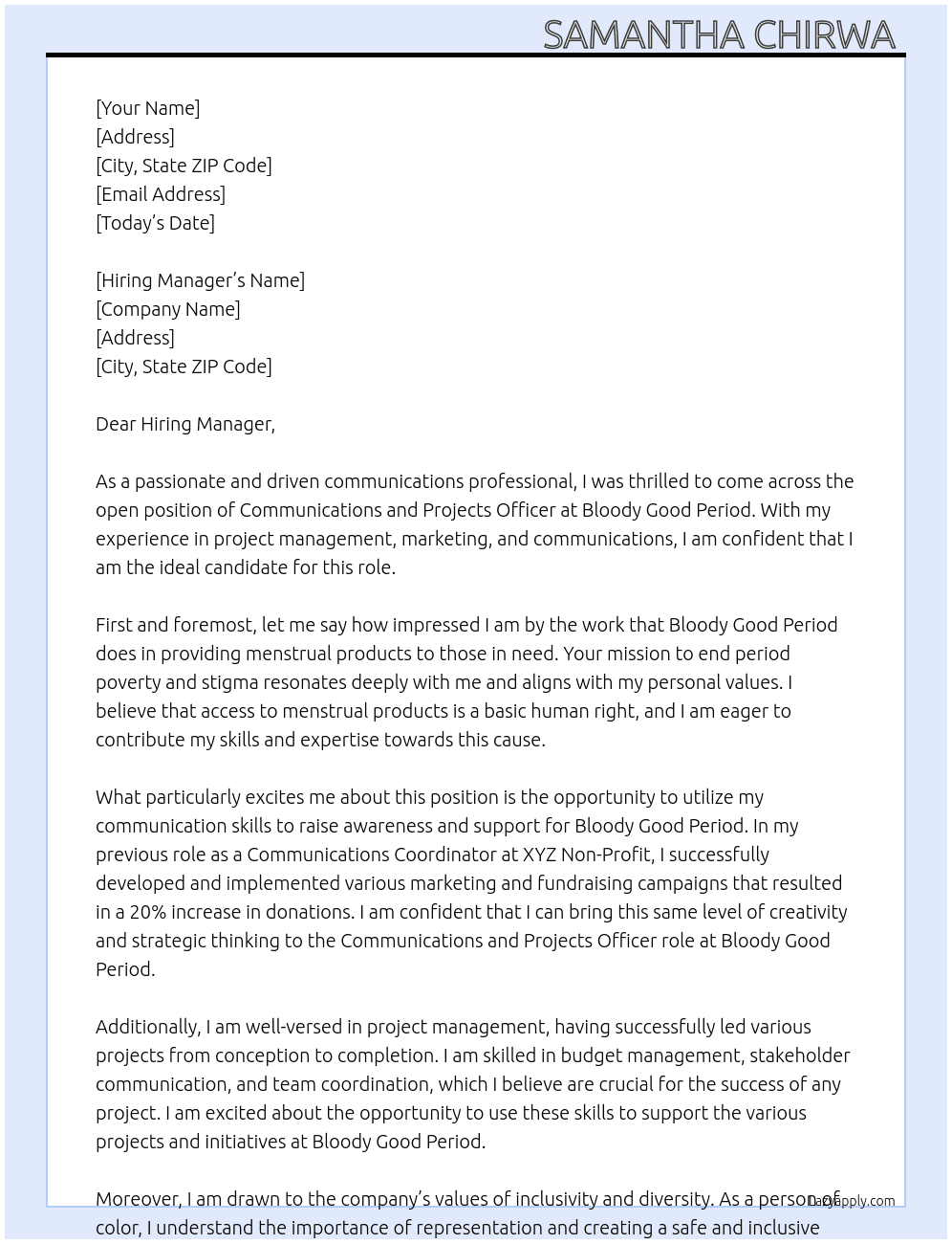 Communications and Projects Officer  At Bloody Good Period  Cover Letter