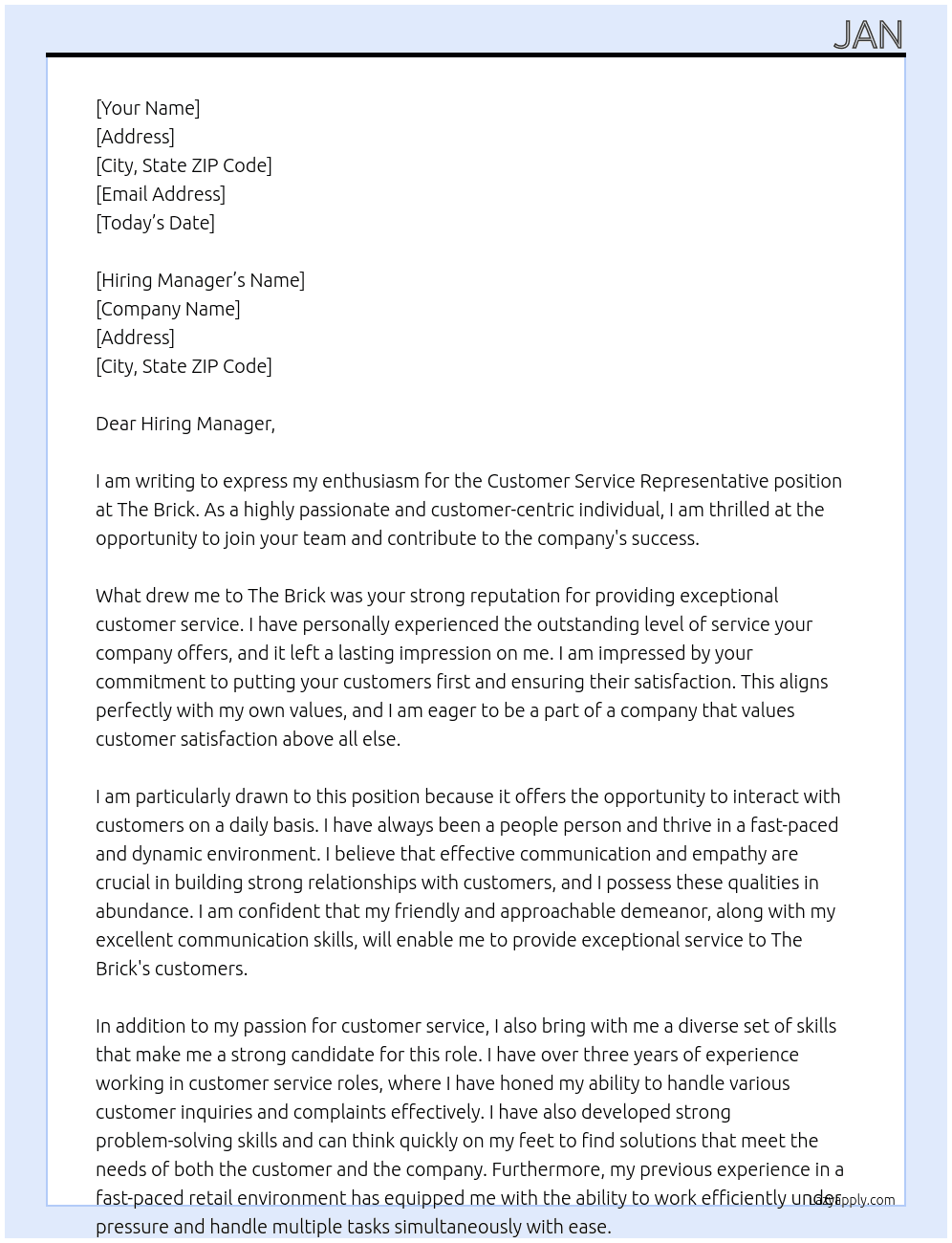 Customer Service Representative At The Brick Cover Letter