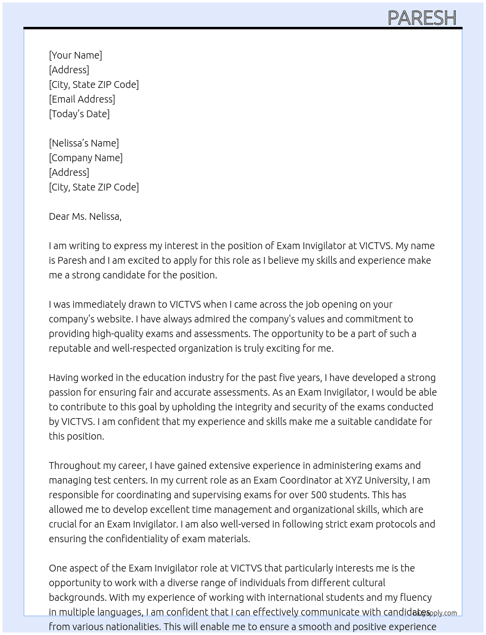 EXAM INVIGILATOR At VICTVS Cover Letter